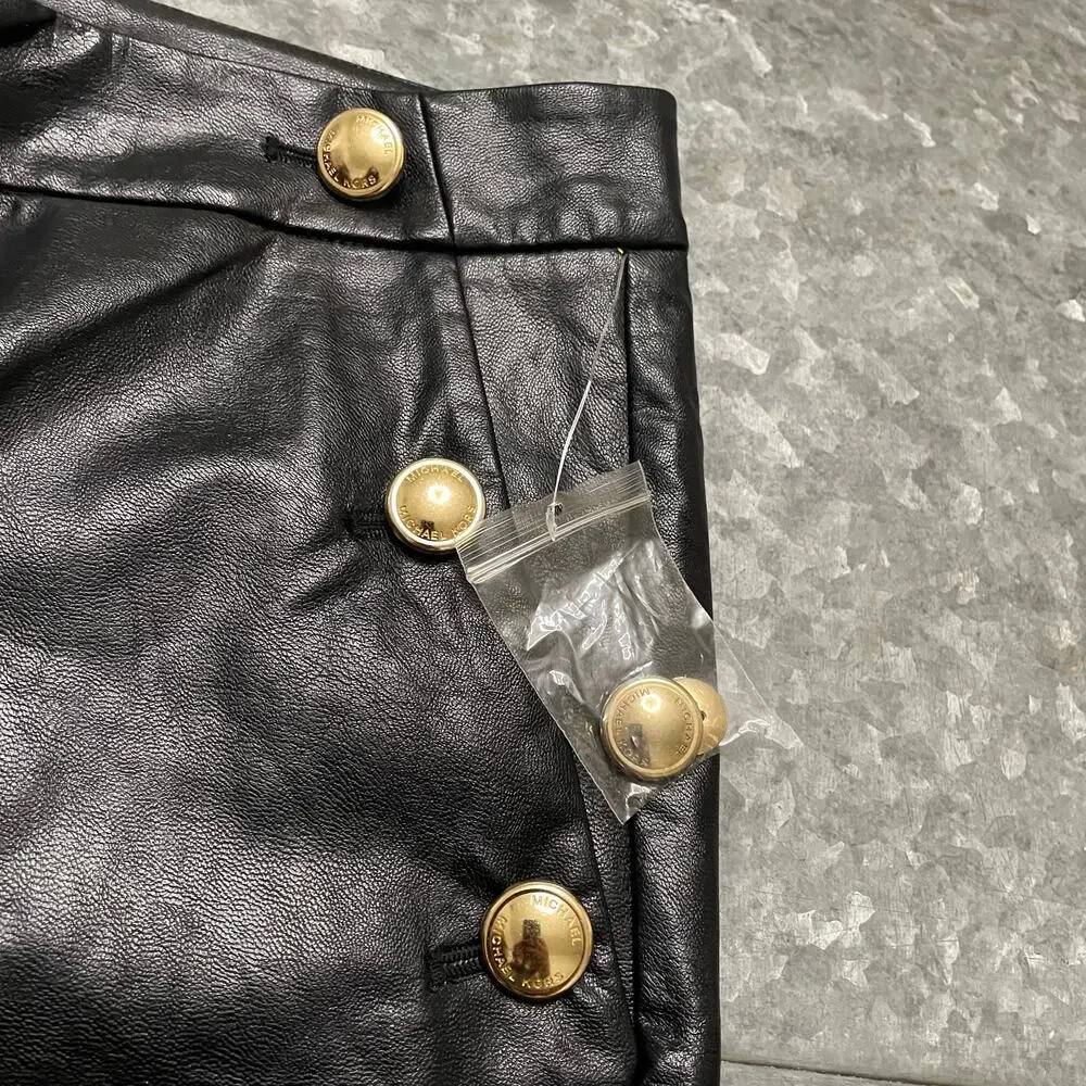 NWOT Michael Kors Faux Leather Pants Womens 12 Black Gold Buttons